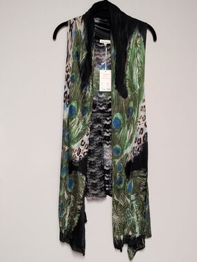 Adore Peacock Feather Lace Open Duster Vest - Green & Blue